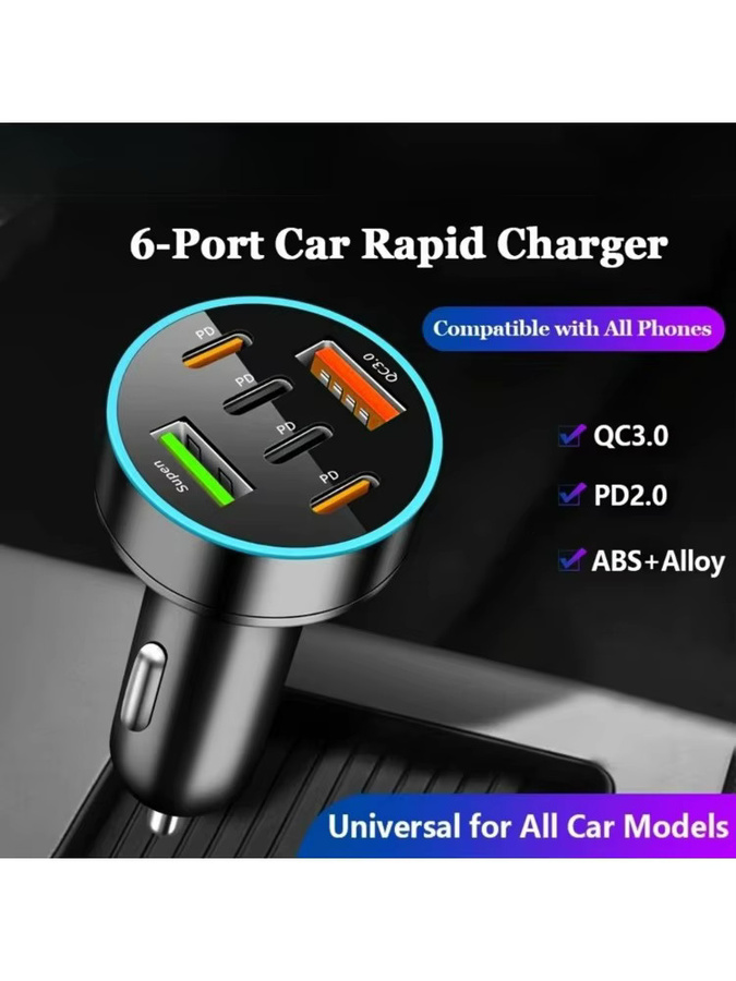 250W USB-Autoladegerät mit 6 Ports und PD Typ C für schnelles Laden von iPhone, Xiaomi und Samsung, Farbe: Schwarz - Bild 6