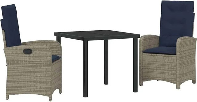 vidaXL Garten Essgruppe aus Poly-Rattan und Stahl, 3-teilig, Grau, Tisch und 2 Stühle, Rechteckig - Bild 1