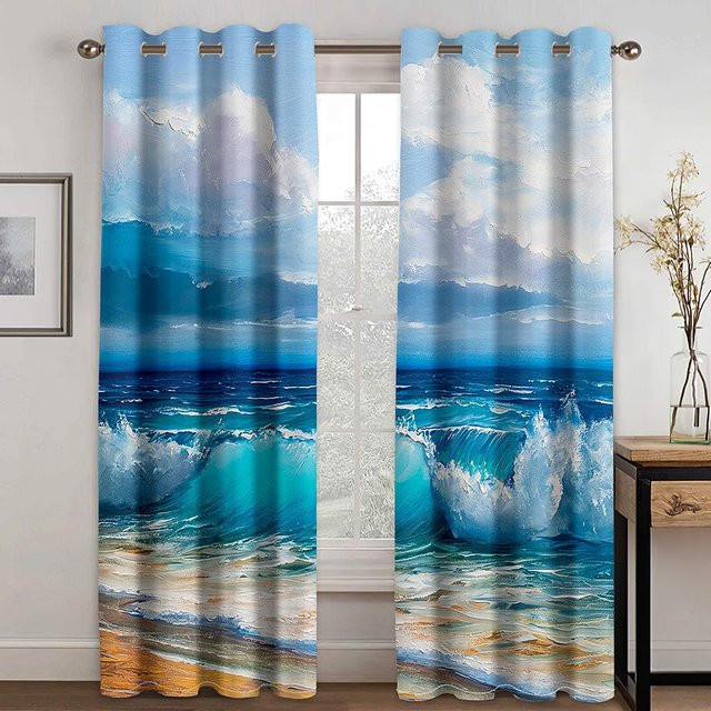 Dekorative Vorhänge mit Strand Ozean und roten Wolken Motiv, 2er Set, Blau und Rot, Breite: 50 cm, Höhe: 130 cm - Bild 1