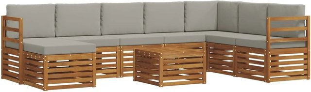 vidaXL Sofagarnitur 9-teilig L-Form aus Massivholz Akazie in Natur und Hellgrau mit Polsterung und Kissen - Bild 1
