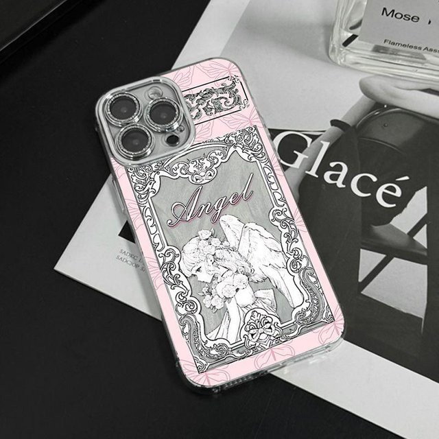 Apple iPhone Hülle mit Engel-Motiv im Mittelalter Retro Design, Federstruktur, Farbe: Pink, Schutzhülle für iPhone 16 15 14 13 12 11 Pro Max Plus - Bild 1
