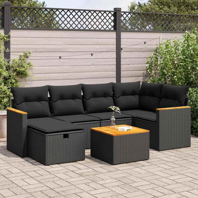 vidaXL 7-tlg. Garten-Sofagarnitur aus Polyrattan in L-Form mit Kissen, Schwarz - Bild 3