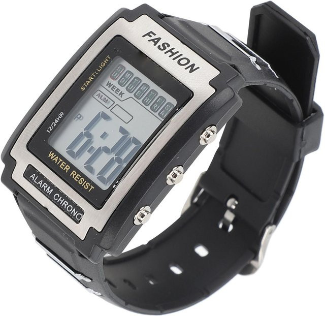 Digitale Sportuhr von Fishine in Schwarz und Grau, rechteckig, wasserdicht und multifunktional im Vintage-Design mit großem leuchtendem Bildschirm - Bild 1