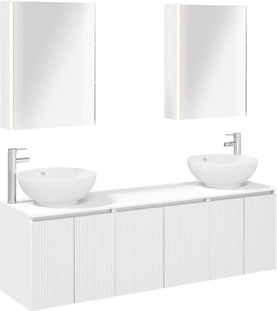 vidaXL Badezimmerschrank-Set 5-teilig in Weiß Matt mit Waschtischunterschrank, Spiegelschrank und LED-Beleuchtung aus MDF - Bild 1