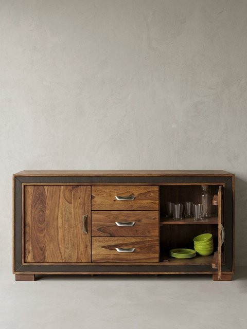 Rustikales Sideboard von KADIMA DESIGN aus Massivholz und Kunstleder in Braun, B/T/H: 160 x 44 x 80 cm - Bild 1