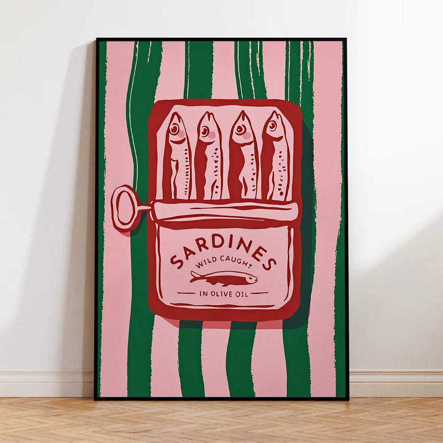 Potdemiel Vintage Cartoon Wandkunstdruck Olivenöl und Sardinen als Leinwandgemälde in Mehrfarbig - Bild 2