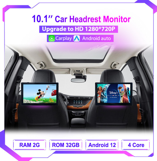 Icreative 10,1 Zoll HD Android Auto und Apple CarPlay Kopfstützenmonitor mit Bluetooth und Ambientebeleuchtung, Schwarz - Bild 1