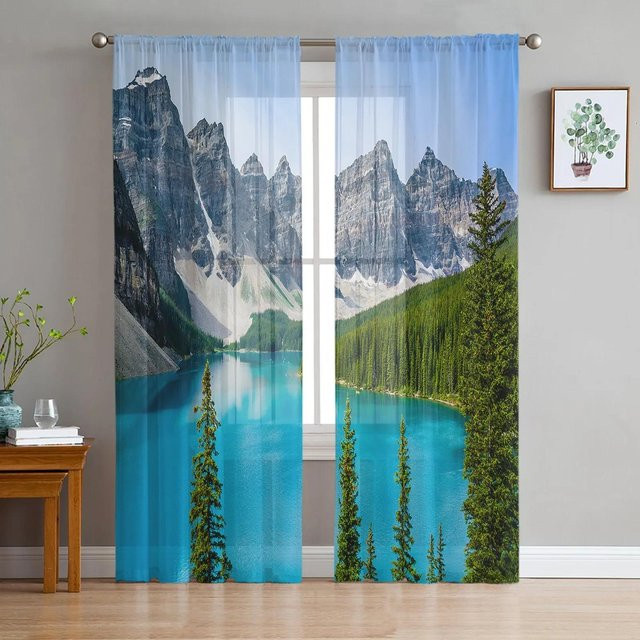 Yiran Furniture Transparente Tüllvorhänge mit Arbor Baum und See Landschaftsmotiv, Blau, Breite: 135 cm, Höhe: 115 cm - Bild 1