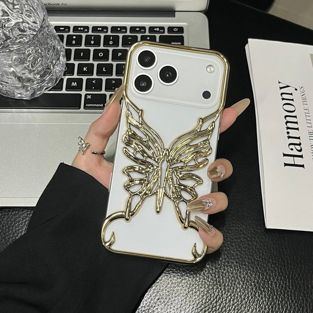 szHAIyu Handyhülle mit hohlem Schmetterlingsmuster für iPhone 17 16 15 14 13 12 Pro Max Plus, stoßfeste harte Abdeckung mit Wärmeableitung, Farbe: Gold - Bild 1