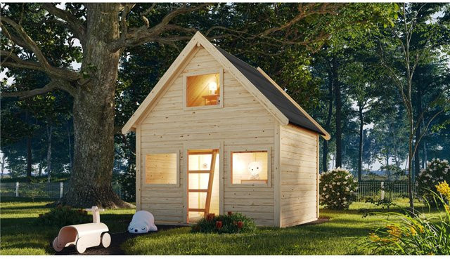 Karibu Kinderspielhaus Kalle aus Massivholz in Beige, B/H/T: 212,5 x 253 x 183,5 cm - Bild 1