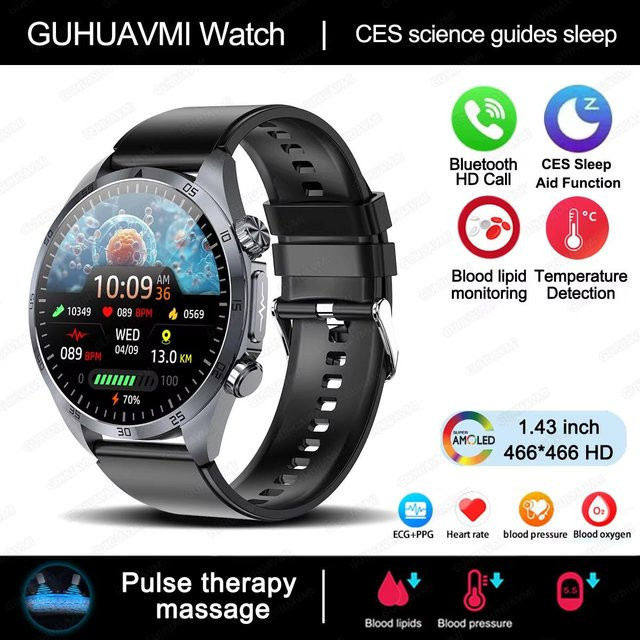ElectronicsHome Smartwatch für Herren mit Laserbehandlung, EKG, PPG und Körpertemperaturmessung, Bluetooth Anruffunktion, Farbe: Schwarz-Grau, Silikonarmband - Bild 1