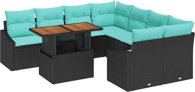 vidaXL Garten Essgruppe aus Akazienholz mit 9 Teilen und Kissen in Schwarz und Teal - Bild 1