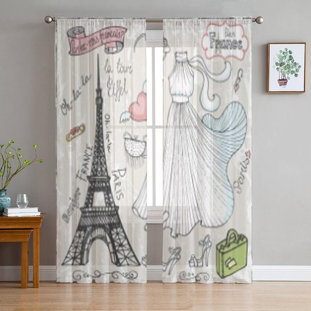Super Six Transparente Chiffon Vorhänge mit Paris Eiffelturm Motiv in Weiß, Breite: 135 cm, Höhe: 114 cm - Bild 1