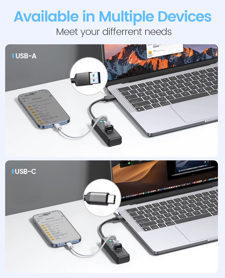 ORICO USB-C Hub mit 2 Anschlüssen: 1x USB-C und 1x USB 3.0 OTG-Adapter mit 5Gbps Hochgeschwindigkeit für PC, Computer und Macbook Pro in Schwarz oder Blau - Bild 5