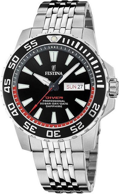 Festina Herrenuhr Professional Diver, Quarz, Edelstahl, 45 mm, Schwarz - Bild 1