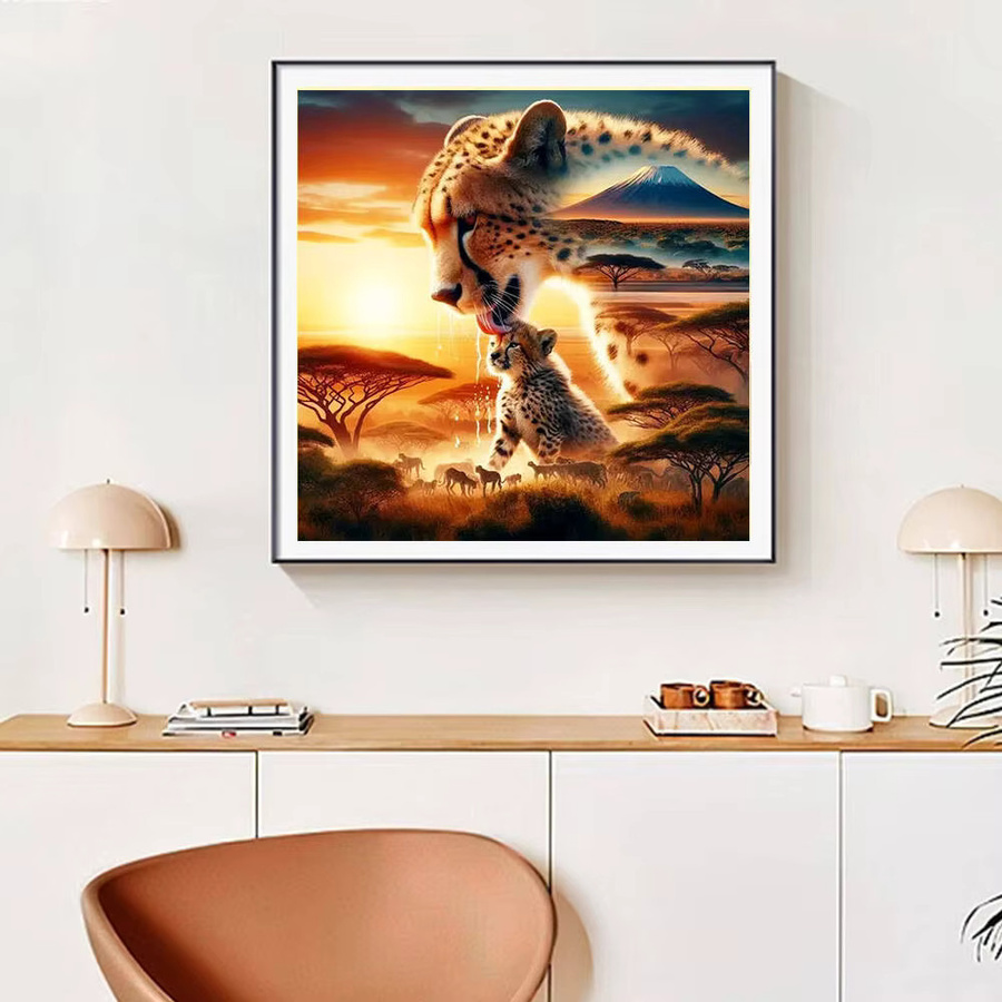 Huacan Diamantgemälde Leopard in Landschaft mit Sonnenuntergang, Mehrfarbig, B/H: 20 x 20 cm - Bild 3