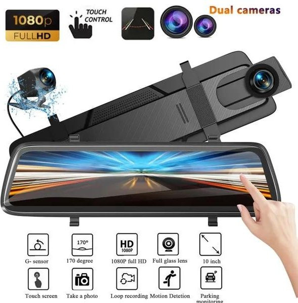 LIAESMART Dashcam mit Doppelobjektiv und 10 Zoll Touchscreen, Full HD 1080P, Rückfahrkamera und G-Sensor, Schwarz - Bild 1
