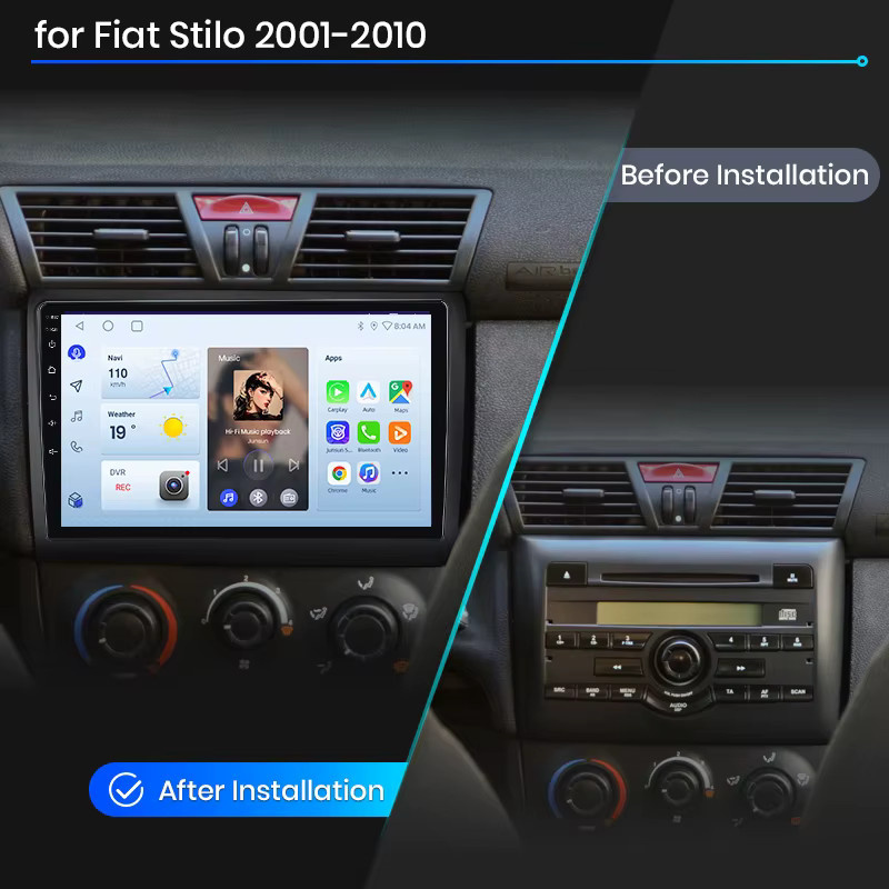 Junsun Wireless CarPlay und Android Auto Autoradio für Fiat Stilo (2001-2007) mit GPS, WiFi, Bluetooth und IPS Touchscreen in Schwarz - Bild 2