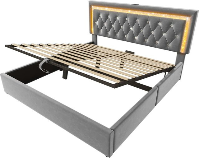 okwish Polsterbett Grau mit LED-Unterbettbeleuchtung und USB-Type-C-Anschluss B/T: 140 x 200 cm - Bild 1