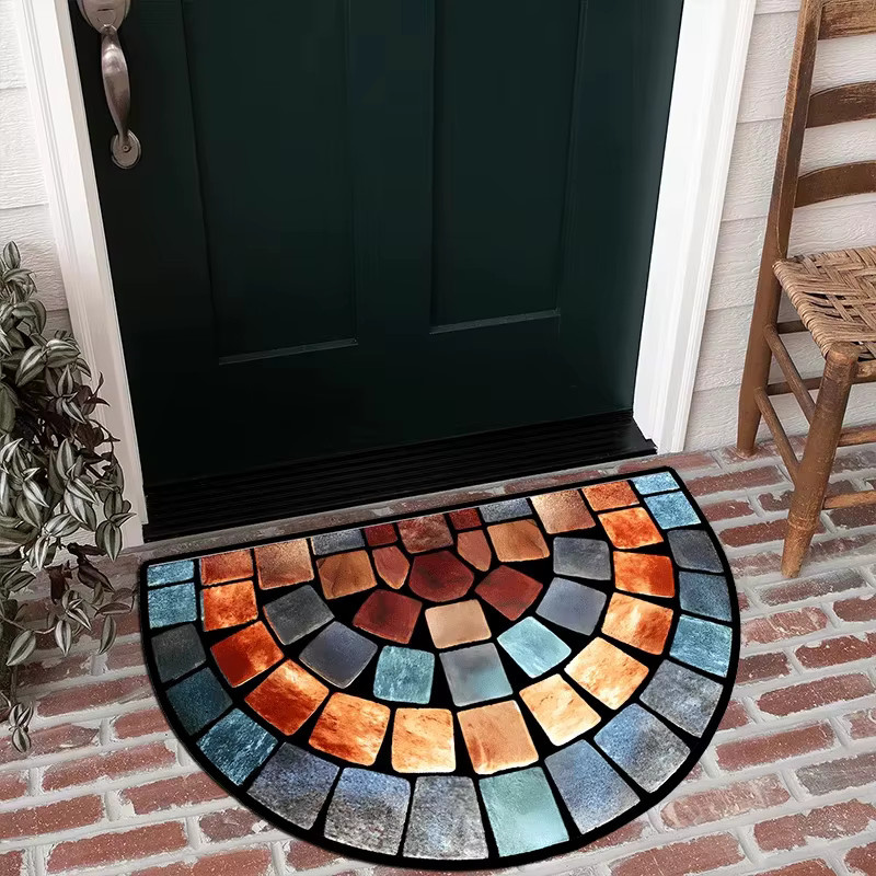 VIKAMA Halbkreisförmige Fußmatte aus Polyester mit modernem Abstract-Design, rutschfest und weich, mehrfarbig, ideal für Wohnzimmer und Terrasse - Bild 4