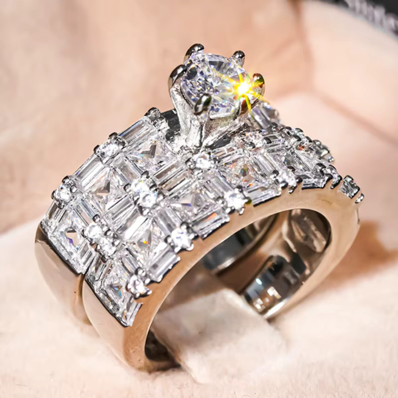 Huitan Ring, 2 Teile/Satz, Zirkonia, Silber, Damen - Bild 1