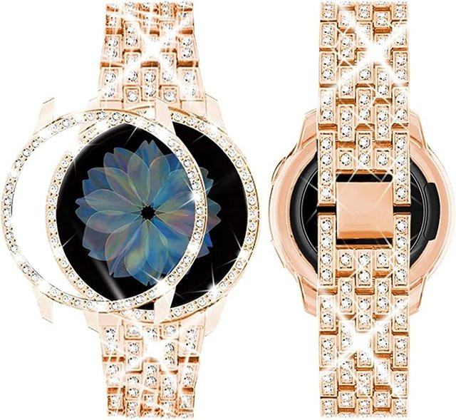 CAOWTAN Armband mit Hülle für Samsung Galaxy Watch 6/5/4, Edelstahl, Diamant, Zirkonia, Schwarz, Gold, Unisex - Bild 1