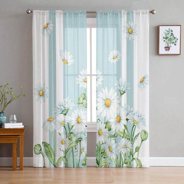 Super Six Gänseblümchen Voile Gardine mit Blumenmuster in Weiß, B: 135 cm, H: 137 cm - Bild 1
