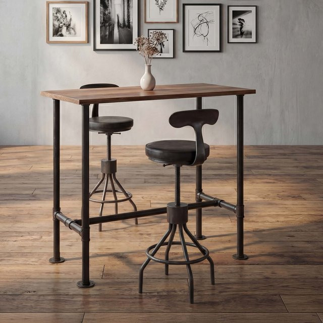 MCW Set Bartisch mit 2 Barhockern N21 im Industrial Design aus Metall und Kunstleder, braun/schwarz, höhenverstellbar und drehbar - Bild 1
