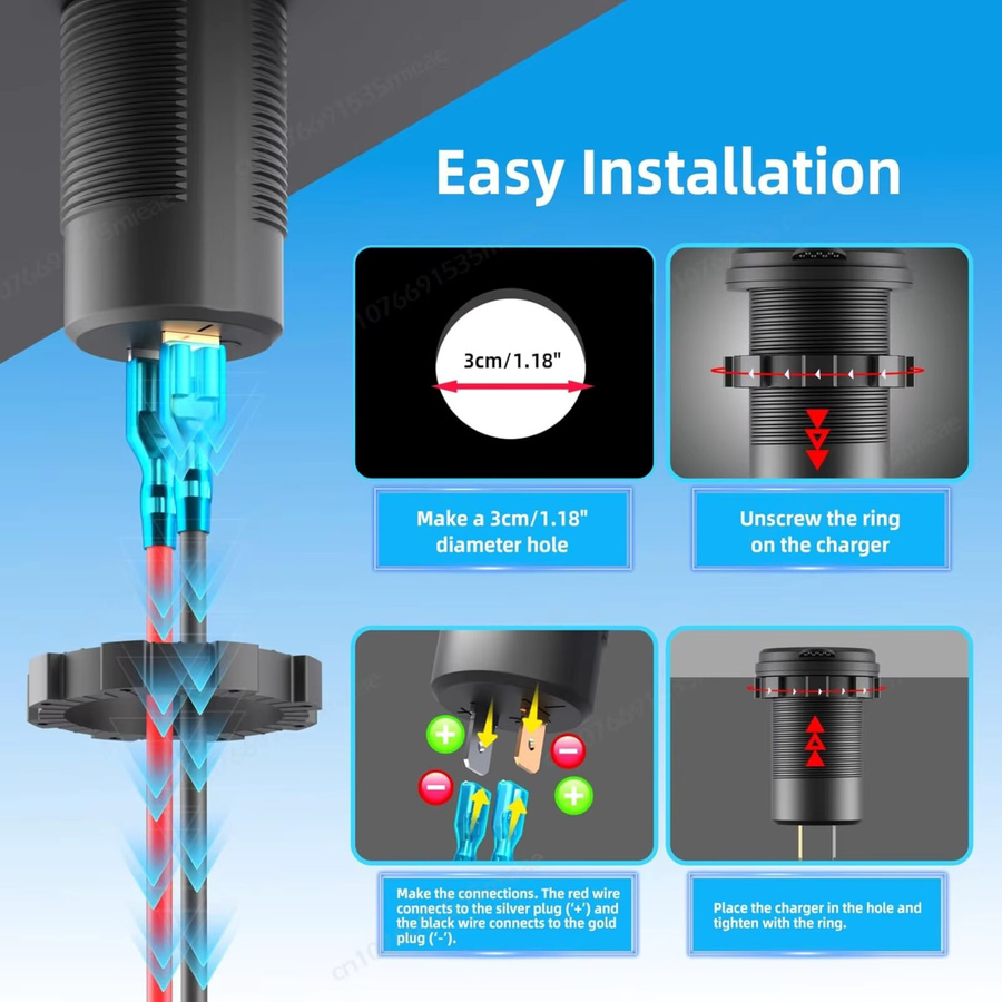 Wasserdichte 12V USB-Steckdose mit Dual PD3.0 und Quick Charge 3.0 in Schwarz für Wohnmobil, Marine, LKW und Motorrad, 78 W - Bild 4