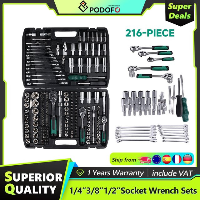Podofo 216-teiliges Mechaniker-Werkzeugset aus Chrome-Vanadium-Stahl mit 1/4", 3/8" und 1/2" Steckschlüsselsatz und 24-Zahn-Ratschenschlüssel für Auto-, Kfz- und Motorradreparaturen - Bild 1