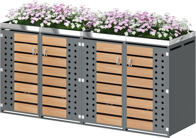 Mülltonnenbox 4-fach von GL Store mit integriertem Pflanzkasten, abschließbar, Grau und Natur, B/T/H: 264 x 80 x 124,5 cm - Bild 1