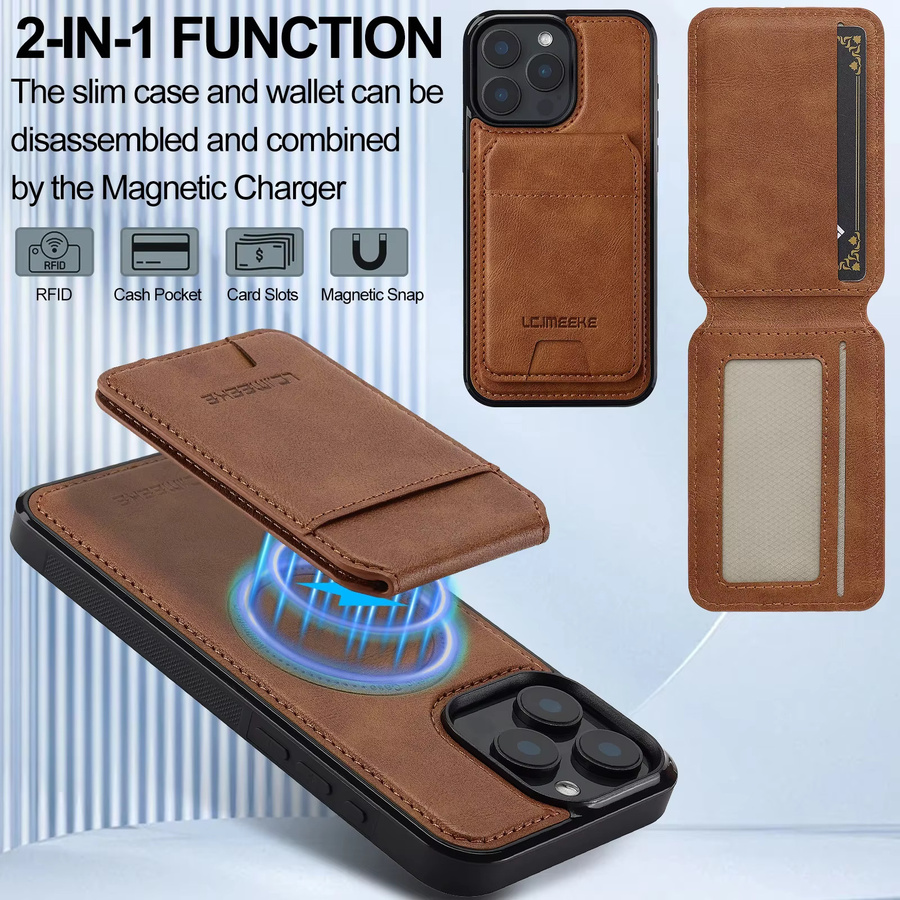 Aierkeba 2-in-1 Magnetische Ledertasche und Kartentasche für iPhone 11 bis iPhone 17 Air in Rot und Braun - Bild 4