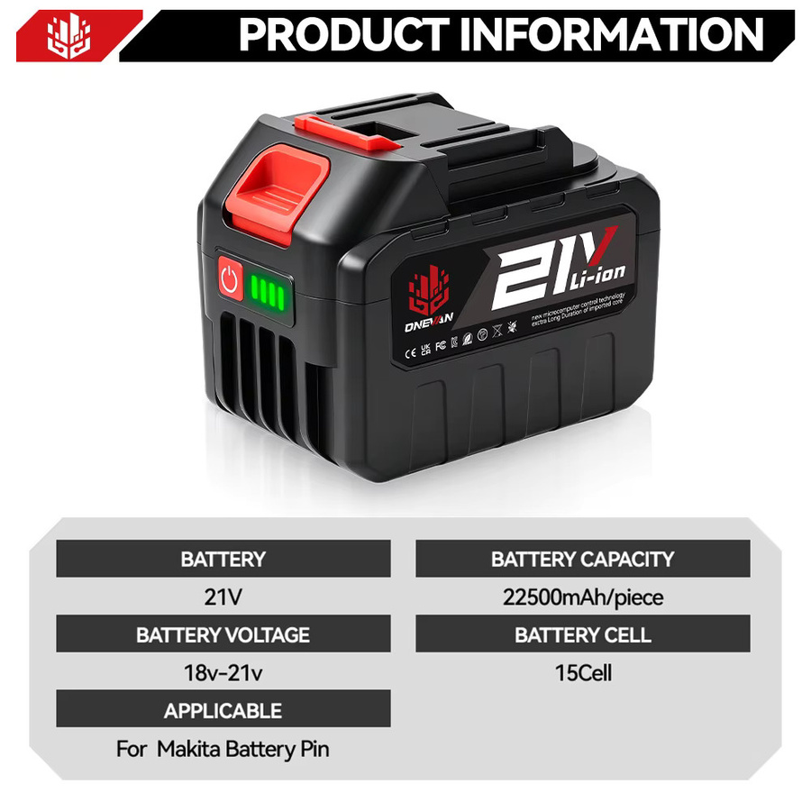 ONEVAN Lithium-Ionen-Akku 18V für Makita bürstenlose Akkuschrauber und Schlagschrauber, 15000mAh bis 22500mAh, Schwarz - Bild 2