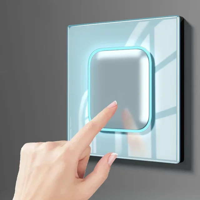 Depo Guye Glas-Schalterpanel aus gehärtetem Glas in Blau mit LED-Kontrollleuchte und Knopfschalter für TV, TEL und Steckdosen - Bild 1