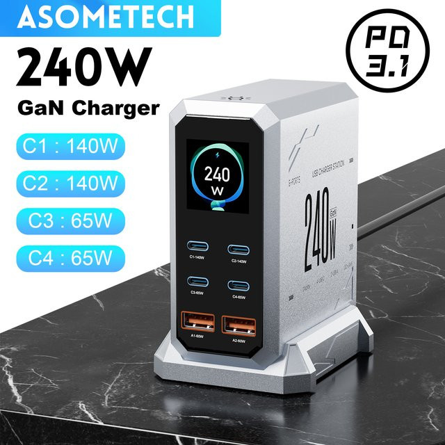 ASOMETECH 240 W Digitales GaN-Ladegerät mit 6 Ports und PD3.1 140 W USB Typ C Desktop-Schnellladestation für iPhone, Samsung, Xiaomi und MacBook Laptops - Bild 1