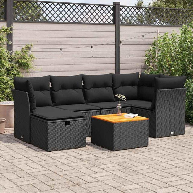 vidaXL 7-tlg. Garten-Sofagarnitur in L-Form aus Polyrattan und Akazienholz mit Kissen, Schwarz - Bild 3