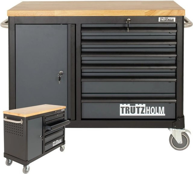 Trutzholm Werkstattwagen Deluxe in Anthrazit Grau mit 6 Schubladen, Tür und massiver Arbeitsplatte aus Holz und Edelstahl - Bild 1