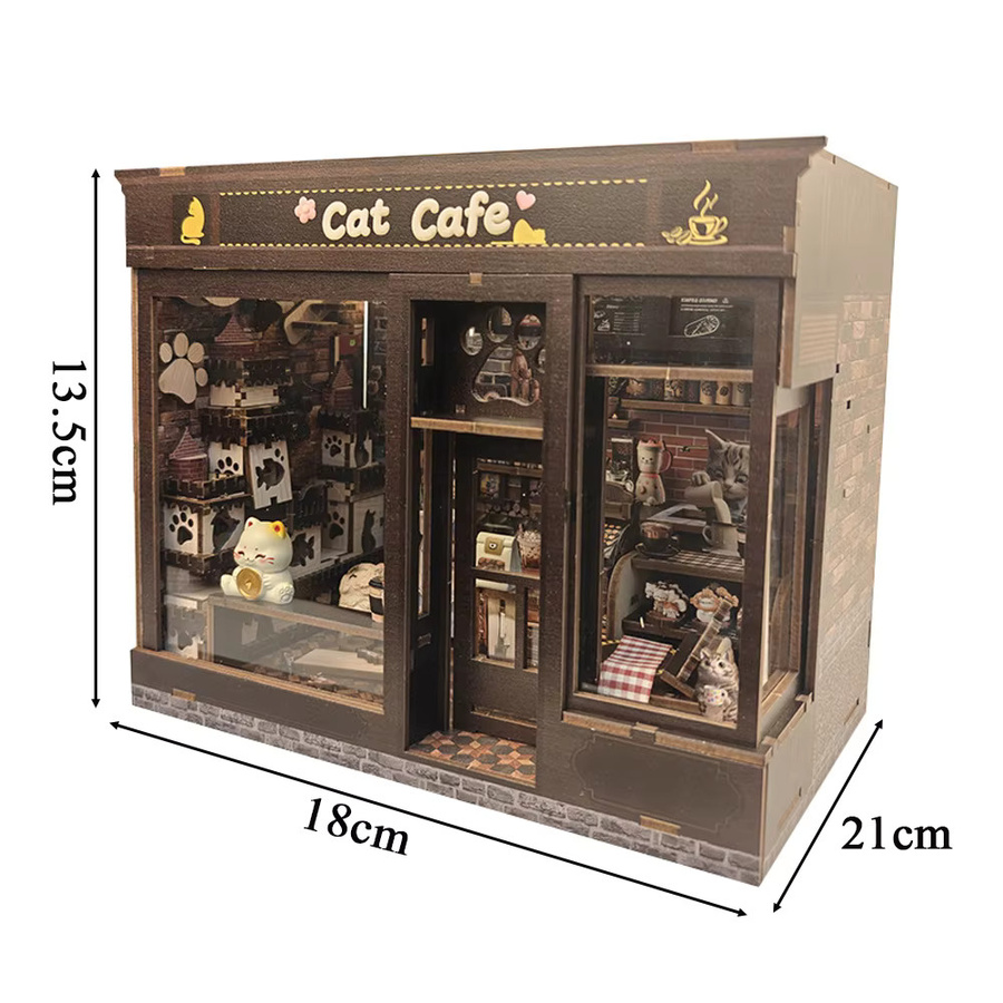 ELEVEN-CUTE DIY Holz-Katzenkaffeehaus Miniatur-Modellbausatz mit Möbeln und LED-Beleuchtung in Braun - Bild 5