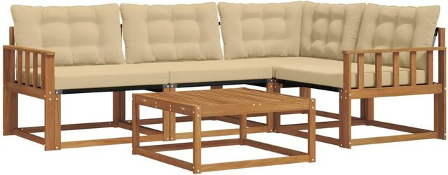 vidaXL Outdoor-Sofagarnitur 5-teilig L-Form aus massivem Akazienholz mit Textilene und beige Kissen - Bild 1