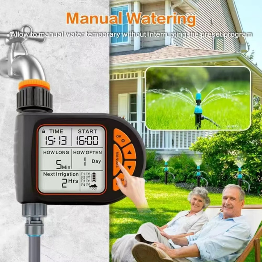 Programmierbarer Sprinkler-Timer in Schwarz für Gartenschläuche mit Regenverzögerung, manuellem und automatischem Modus - Bild 3