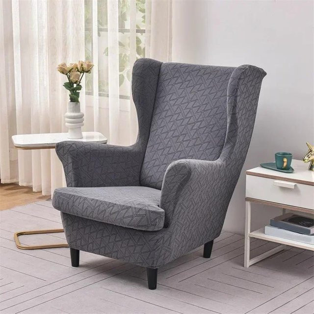 2er-Set Jacquard Ohrensesselbezug mit Sitzkissenbezug in Grau, elastischer und schmutzabweisender Überwurf für 1-Sitzer Sessel - Bild 1