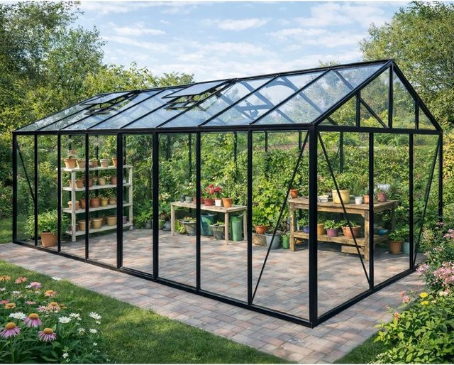 Bloomcabin Gewächshaus GHC7 Klassik in Schwarz mit Sicherheitsglas, Aluminium und integriertem Dachfenster sowie Belüftungssystem - Bild 1