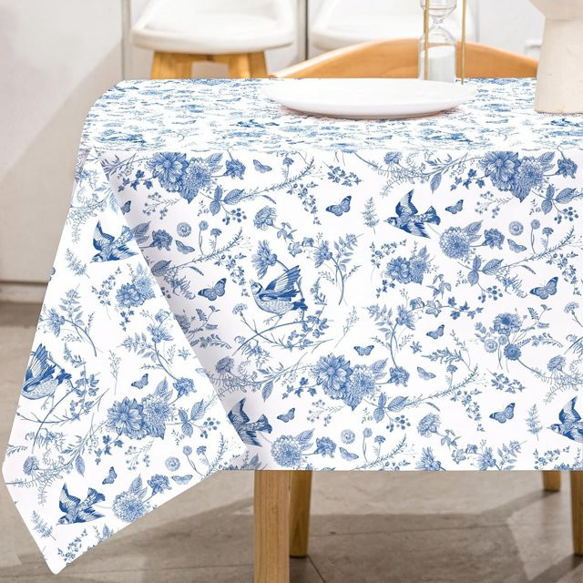 Wasserdichte Tischdecke JINGYUE Pet mit Vintage Floral Muster in Blau Weiß Grau, Rechteckig, B: 100 cm, L: 145 cm - Bild 1