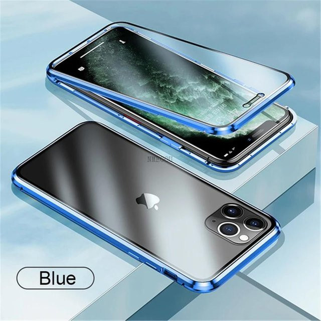 Magnetische Glas-Schutzhülle für Apple iPhone mit doppelseitiger Adsorption und Metallstoßstange in Blau - Bild 1