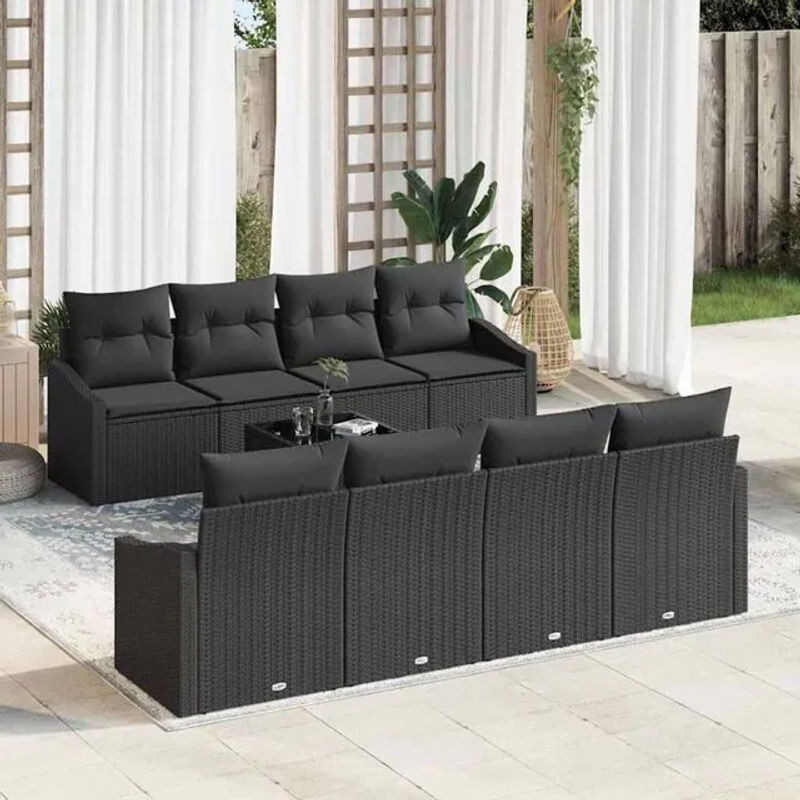 Vidaxl Garten-Sofa-Set aus Polyrattan mit 9 Kissen in Schwarz, Modernes Loungemöbel-Set, B/T/H: 55 x 55 x 37 cm - Bild 1