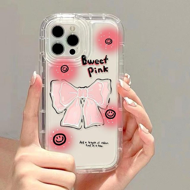 TUNEDEE Handyhülle mit rosa Schleife für iPhone 11 bis iPhone 16 Pro Max, stoßfeste Bumper Hülle in Pink und Transparent - Bild 1