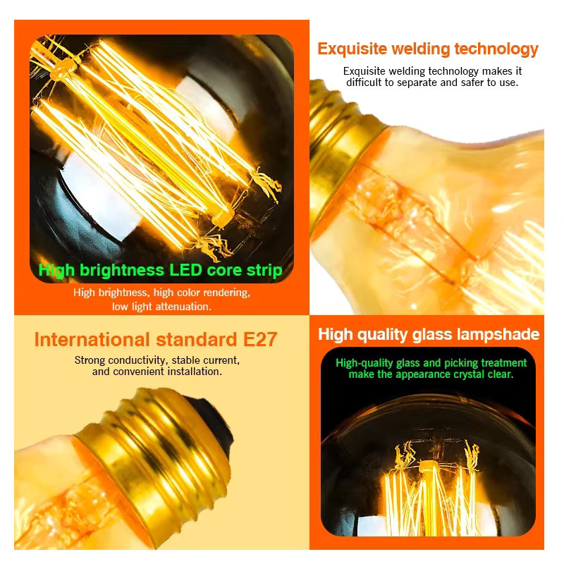 Edison Retro Glühbirne E27 Vintage Filament Lampe aus Glas, transparent, 40 W, 220 V - Bild 2