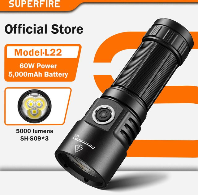 SUPERFIRE L22 Wiederaufladbare LED Taschenlampe mit 3 LEDs, 60 W, 5000 Lumen, Schwarz - Bild 1