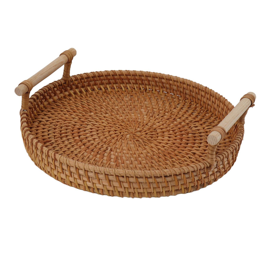 Rundes Rattan-Serviertablett von mfySpace mit Massivholzgriffen zur Präsentation von Obst und Brot - Bild 2
