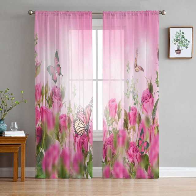 Transparente Tüll Vorhänge mit Blumen- und Schmetterlingsmuster aus Organza, Weiß, Breite: 135 cm, Höhe: 115 cm - Bild 1